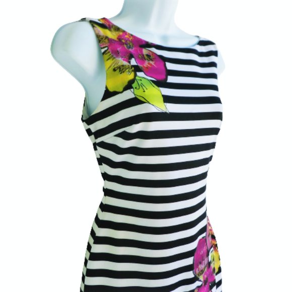 Cache USA Floral Striped Tank Dress Light Scuba Body Con Back Zip Sheath Stretch - Picture 2 of 6